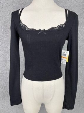 Sugar Moon Layered Look Pointelle Knit Long Sleeve Crop Top Shirt Black Medium